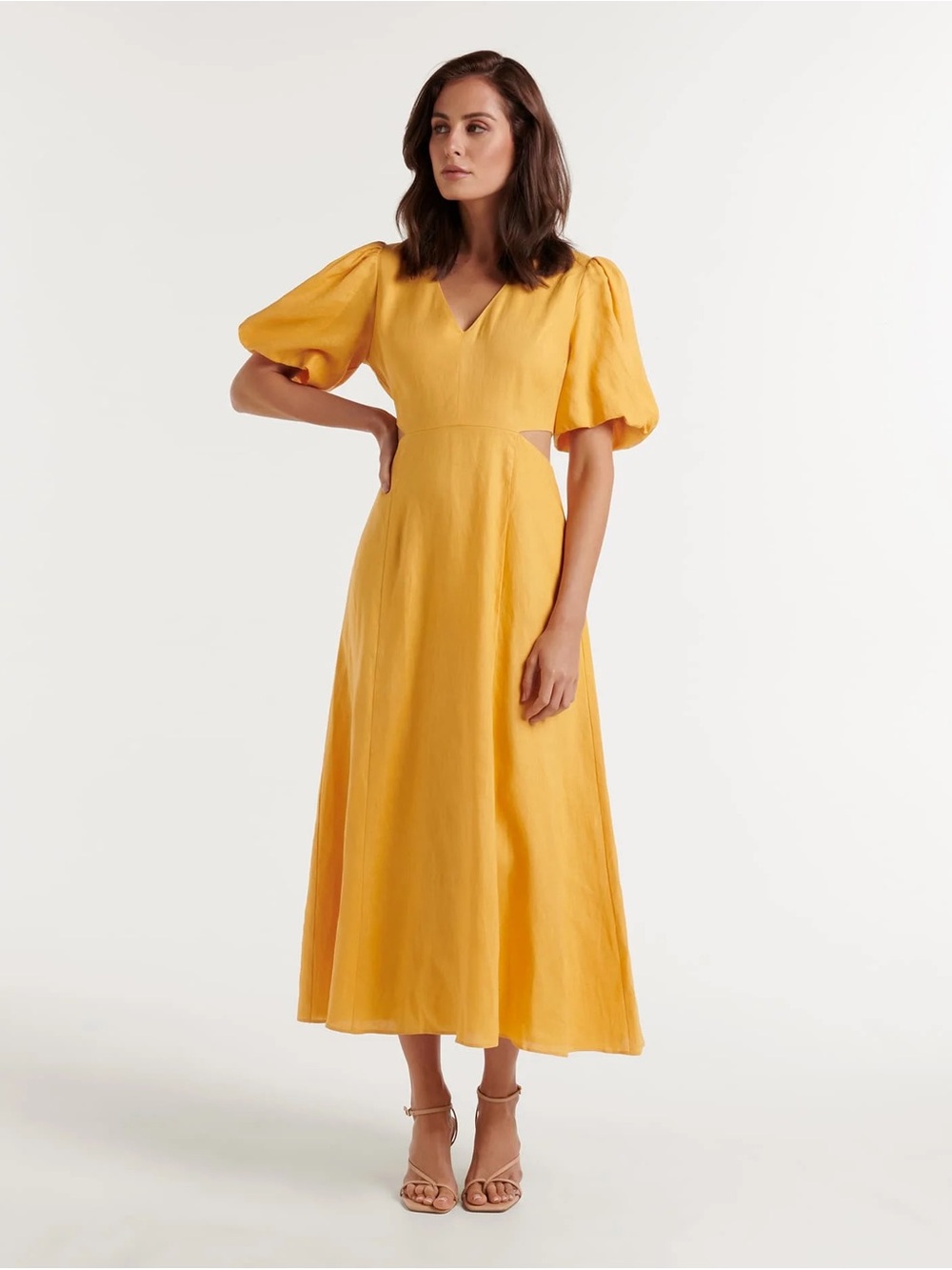 Ever new Bennett yellow puff sleeve cutout linen midi dress size 4